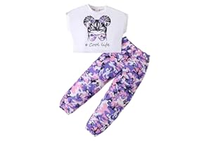 HEOXIN Juegos Ropa Niñas, 2 Piezas Camuflaje Pantalones Cintura Elástica Bolsillos Hip Hop Crop Top Street Dance Outfits, Juego Ropa Verano Dancewear Niña Pequeña, Negro/Morado, 5-12 Años