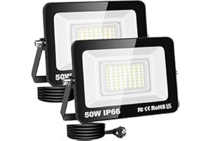 RIGIDON Projecteur Led Extérieur Avec Prise, 2x 50W 5000LM IP66 étanche Éclairage de Sécurité, Spot Led Lampe pour Patio Garage Terrasse Jardin Chantier Muraux Atelier, 6000K Blanc Froid Luminaires