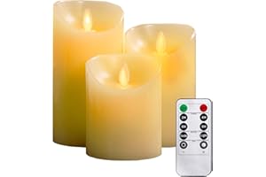 YIWER Bougies sans flammes 4" 5" 6" Ensemble de 3 piles réelles Pas de piles en plastique une télécommande à 10 touches avec 2/4/6/8 heures Fonction de minuterie 300 heures (3x1, ivoire)