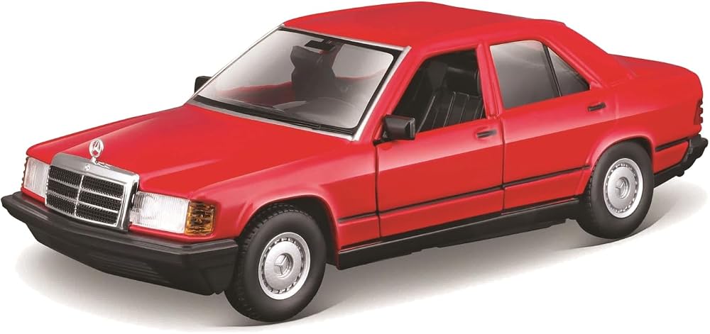 Bburago Mercedes 190E (1987): 1:24 ölçeğinde model araba, hareketli kapılar, kırmızı (18-21103B)