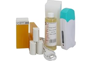 EpilWax - Kit Chauffe Cire Épilation Professionnelle avec 4 x Recharges Roll on Cire Miel, 100 x Bandes d'Épilation et Huile après Épilation - Gamme Solo Basique