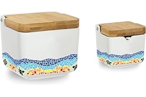 Kcasa - Salero y azucarero cocina blanco minimalista ceramica con tapa madera español