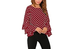 PAIDAXING Camisas para mujer, elegante blusa de lunares con volantes, cuello redondo, manga larga, casual, primavera, verano, camisetas elegantes para oficina, trabajo, negocios