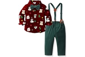 Yaopelky Boy Christmas Outfit Xmas Prints Shirt with Bowtie Suspender Pant Set Boys Dress Clothes Gentleman Outfits for Xmas New Year