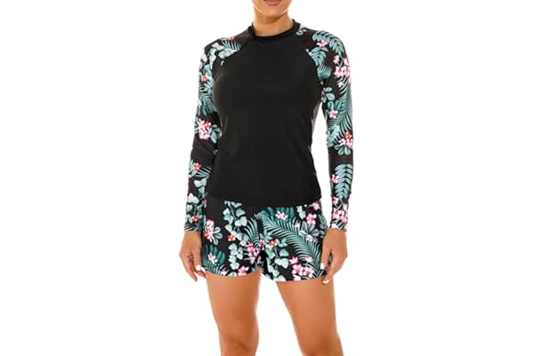 Femme Maillot de Bain Rashguard Set Manches Longues Tankini Protection Solaire Anti-UV T-Shirt Top de Sport pour Vacances Surf Plage Natation
