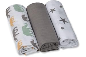GRÜNSPECHT NATURPRODUKTE GRÜNSPECHT Lot de 3 couches en gaze 70 x 70 cm en 100% coton, sans azurant optique, doux pour la peau et absorbant, gris, étoiles, éléphants (1500-V5)