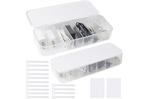 HULAGU 2 Stück Kabel Aufbewahrungsbox mit Deckel, Kabel Organizer Box mit 7 Fächer und 14 Kabelbindern, Ladekabel Organizer Schreibtischzubehör für Schublade, Schränken (Transparent)