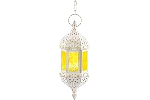 Nuptio Farol Vela Colgante Marroquí: Farolillos Blancos para Velas Portavelas Metal Lámpara Té Decorativa para Exteriores con Cadena para Hogar Patio Jardín Decoraciones Navideñas, 1 Pieza