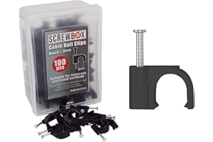 SCREWBOX® Cable Nail Clips, 8 mm 100 Pcs Nail-In Clips, Strong Durable Black Round Cable Tacks, Wall Wire Tidy Holder Pins, for wood | concrete | plasterboard