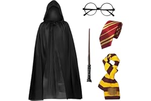ZXTGBQ 5Pcs Costume de Magicien, Costume Magicien Kit, Ensemble de Costumes Cape avec Cape, Baguette Magique, Lunettes, écharpe, Cravate, Deguisement Adulte pour Halloween, Fête, Carnaval