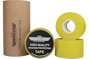 BARACUS Tape Crossfit Premium para Levantamiento de Pesas, Algodón Adhesivo Elástico y Resistente al Agua - Vendaje Deportivo, Incluye un Elegante Packaging - 7 Metros x 38mm (Canary Yellow)