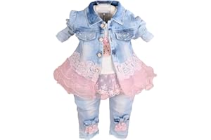 Yao Baby Girls Denim Clothing Sets 3 Pieces Sets T Shirt Denim Jacket and Jeans