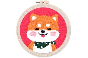 Figured'Art Punch Needle Kit Complet pour Adultes et Enfants - Chien Shiba Inu - Parfait pour Débutant. Set prêt à broder taille 20x20cm avec cadre circulaire