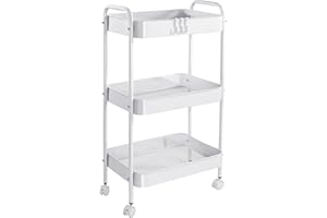 Vtopmart 3 Tier Metal Rolling Cart with Wheels, Utility Storage Cart with Handle and Lockable Casters, Storage Basket Organizer Shelves, Easy Assemble for Kitchen, Living Room, Office, Nursery, White