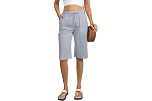 Zhiaek Pantalones Cortos Mujer Algodon Cintura Alta Elástica Shorts Mujer Verano con Bolsillos Pantalon Corto Largo hasta la Rodilla con Cordón