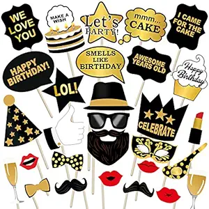 party propz birthday photo booth props 29pcs set with funny crown fun mask hats beard happy face wig mustache prop for boys girls kids selfie photobooth- Multicolor