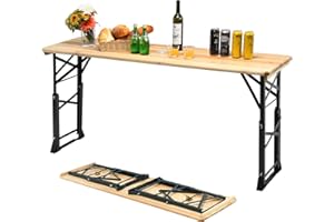 KOMFOTTEU Table à Bière d'Extérieur, réglable en Hauteur (75 cm-105 cm), Table Bar de Jardin Pliante, Table de Pique-Nique avec Trou de Parasol, 168,5 x 50 cm (L x l), narurel & Noir