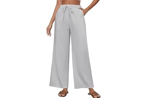 TOMEEK Pantalon Femme en Coton Lin Pantalon Fluide Femme Été Taille Haute Elastique avec Léger Cordon Pantalon Large Décontracté Pantalon Chic et Elegant avec Poches