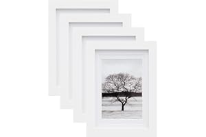EGOFINE 7x5 Photo Frames Set of 4, Wooden Frames Matted for 4x6 and 3.5x5, Solid Wood Picture Frames for Tabletop and Wall Mounting,White