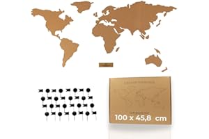 Tripvea - Weltkarte Kork zum Pinnen | Pinnwand Weltkarte – Kork Weltkarte mit 50 Pins für Fotos, Reisen & Erinnerungen, Geschenk für Reiseliebhaber (100x46)