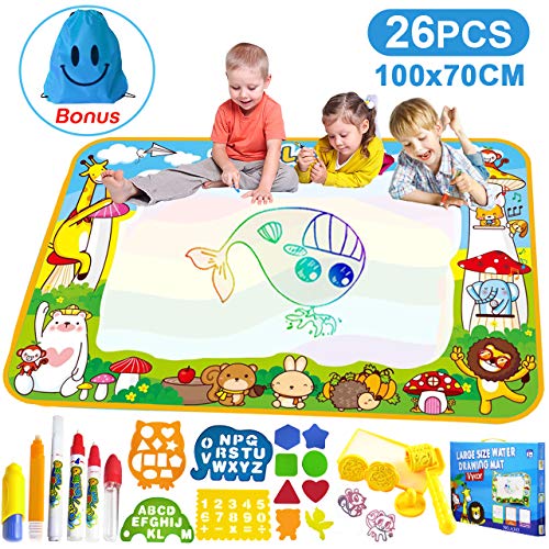 Vykor Aqua Mat Large Water Drawing Mat 70x100cm Water Doodle Mat Travel Drawing Painting Mat with Water Doodle Pens Drawing Painting Stencils,Educational Toy Toddlers, Educational Gifts for Kids