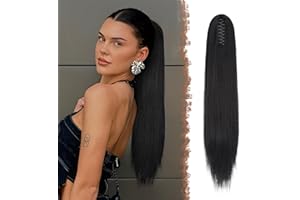 ‎FESHFEN FESHFEN Langer Pferdeschwanz Haarteil - Glatte Aus Schwarz Zopf Extensions mit Klammer Synthetik Haarverlängerung Claw Clip in Ponytail Haare Extension für Damen, 63 cm