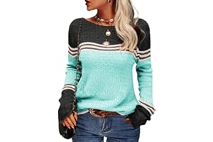 Tankaneo Damen Pullover Colorblock Langarm Rundhals Strickpullover Gestreift Slim Fit Strickwaren Tops