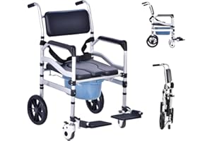DUUOUS Klappbarer mobiler Toiletten-Duschhocker für Senioren mit Rollen, mit gepolsterter Sitzlehne und höhenverstellbarer Rückenlehne, Toilettenstuhl für Toilette, Badezimmer-Badezimmerstuhl