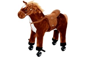 HOMCOM Plush Walking Horse Ride On Toy with Wheels and Realistic Sounds Rocking Horse for Girls Boys 2+ Years Old, 50cm Tall, Brown
