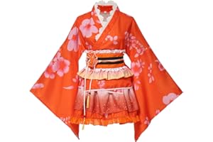 GRACEART Japanese Kimono Anime Cosplay Costume Halloween Fancy Dress Cherry Blossoms Pattern Robe with Frill Skirt for Girls and Women