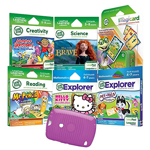LeapFrog LeapPad 7PC Learning Set: Adventure Sketchers, Disney Brave, Hello Kitty, Mr Pencil, Pet Pals, Imagicard Letter Factory & Purple Gel Skin