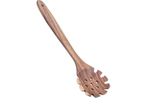 CYRANK Forchetta per la cottura della pasta, cucchiaio scolapasta per spaghetti Server Cucchiaio per pasta con denti Utensili per servire la pasta Forchetta per spaghetti per cucina da 32 cm in Legno