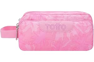 TOTTO - Estuche Escolar 3 Compartimentos, Modelo Agapec, Estuche Grande, Dimensiones 23 x 11.5 x 10.5 cm, Asa Lateral, Tiradores Ergonómicos con PVC, Tejido Resistente, Estampado Palmeras Rosas
