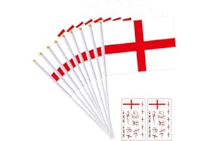 TOMARIO 20PCS St Georges Hand Flags - England St George's Cross Handheld Flags with Pole Small Hand Waving Bunting for St George's Day Sport Event Rugby Football Party Decorations (Bonus 2pcs Tattoo Stickers)