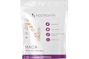 Maca Root - 180 Kapseln - Hochdosiert Maca Wurzel 10:1 Extrakt aus Peru - 5000mg pro Tabletten | Vegan, Keine Künstlichen Füllstoffe | Hergestellt in ISO-Zertifizierten Betrieben | Nootrovita