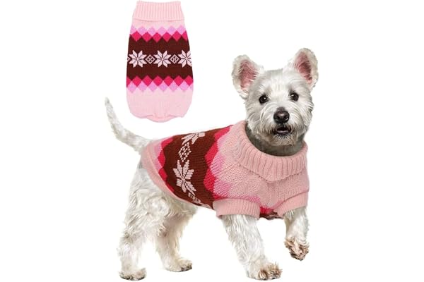 KUTKUT Dog Sweater,Turtleneck Knitwear Small Dog Sweater, Soft Comfortable Pet Knitwear Pullover For Shihtzu, Pug Etc, Argyle Style Weaved Pet Sweater Winter Dog Clothes (2Xl, Chest: 50Cm), Pink