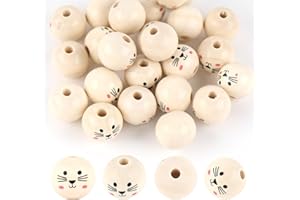 MIYUANGKJ Holzperlen mit Gesicht, 100 Stück Lächeln Gesicht Holzperle 20mm Holzperlen Rund Holzperlen Gesicht Groß Für DIY Schmuck Bastelzubehör (cat face)