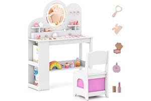 COSTWAY Tocador de Maquillaje Niña, Tocador Niña con Espejo Acrílico Iluminado de 3 Colores, Accesorios, 3 Cajones y Estantería, 3 Ganchos y Estante Lateral, Mesa de Maquillaje para Niñas de 3+ Años