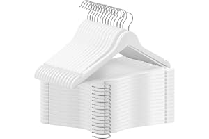 ABHENG Kleiderbügel Holz 30 Stück, Holzbügel mit Rutschfester Hosensteg und 360° drehbarer Haken, Einkerbungen im Schulterbereich, Hergestellt aus Naturholz, 44,5B x 23H cm, Weiß + Silbern,AWY0330W
