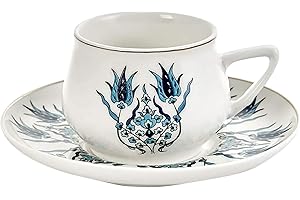 Karaca Iznik New Form Turkish Coffee Cups, 12 Piece Porcelain Espresso Cups Set, Turkish Coffee Cup Set of 6, 90 ml Small Arabic & Greek Cups with Saucers