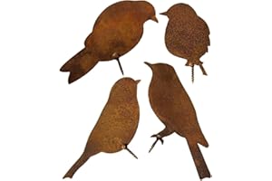 WEGLOK De Decoraciones De Jardín De Pájaros Oxidados, 4 Piezas, de Metal Hierro Oxidado Figuras Aves Oxidadas Vintages Tapón de Jardín, para árbol Valla, de Jardín Estacas Césped Árbol Exterior