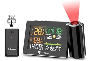 DR.PREPARE Projection Alarm Clock, Digital Clock Projector on Ceiling Wall with Indoor Outdoor Temperature Display, 180° Projector, MSF, Dual Alarms, Snooze, Weather Forecast, and Battery Backup