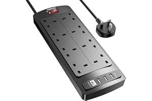 POWSAF Extension Lead with 4 USB Slots (3.4A, 1 Type C and 3 USB-A Ports),Power Strip Surge Protector with 8 way plug extension Socket and 2M Extension cord for Home Office Travel,Black