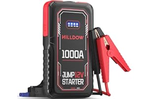Hilldow Starthilfe Powerbank 1000A Spitzenstrom 12000mAh Auto Starthilfe mit LED Taschenlampe und 17W QC2.0 Schnellladung, Bis zu 3,5 L Benzin oder 5,5 L Diese