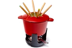 Bonvivre Gusseisen Fondue Set für 6 Personen - 1 Liter - Fondueset 13-teilig mit Brenner und 6 Gabeln - mit Emaille-Beschichtung - geeignet für Käsefondue Schokofondue Fleischfondue Gemüsefondue