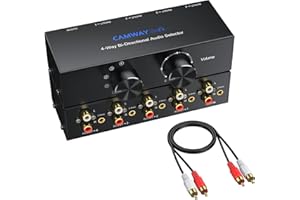 CAMWAY 1X4/4X1 Commutateur Audio Bi-Directionnel RCA & 3.5mm – Commutateur Stéréo à 4 Sorties ou Entrées, avec Fonction Off et RCA Inclus, Compatible PC, Smartphone, Amplificateur et Casque