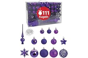 ‎WOMA WOMA Christbaumkugeln Set Lila & 19 weiteren Farben - 111er Weihnachtskugeln Set inkl. Metallhaken - Weihnachtskugeln Kunststoff - Weihnachtsbaum Deko & Christbaumschmuck