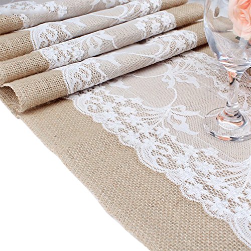 PsmGoods® Rustic Burlap Lace Hessischen Tischläufer Natürliche Jute für Hochzeits-Festival Ereignis Tischdekoration 12×108 „Weiße Spitze- - 5