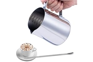 Emsmil 600ml Jarra para Leche Acero Inoxidable Plata Taza de Café para Espumar con Marca de Medición y Lápiz Artístico Jarritas Leche para Barista Cafetera Jarras Decorativas