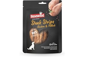 Rosewood Paski do steków z kurczaka i mintaja – miękkie smakołyki dla psów, wysoka zawartość mięsa/ryb, niskotłuszczowe, bez zbóż i glutenu, bez sztucznych dodatków, 100 g